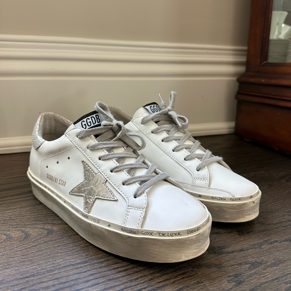 Women’s Golden Goose Hi Star with star and metallic silver heel